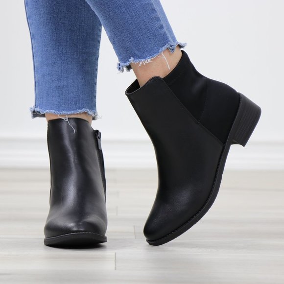 Black Dual Material Round Toe Low Heel Ankle Boots - Picture 10 of 12